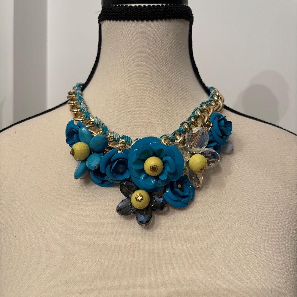 Turquoise Floral Statement Necklace with Yellow Accents